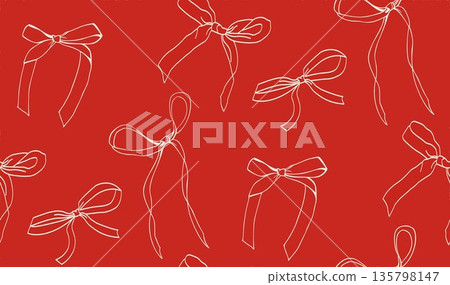 Seamless pattern with hand drawn ribbon bows in minimal line style. White sketch bow on red background. Elegant romantic design for wrapping paper, packaging, textiles, greeting cards, festive prints. Seamless pattern with hand drawn ribbon bows in minimal line style. White sketch bow on red background. Elegant romantic design for wrapping paper, packaging, textiles, greeting cards, festive prints. 135798147