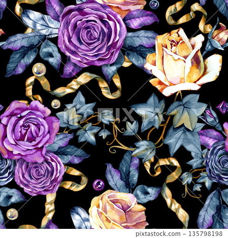 Luxurious seamless watercolor pattern with large purple and golden roses, leaves, feathers, and flowing ribbons. Rich ornamental floral design with romantic mood for premium decorative applications. Luxurious seamless watercolor pattern with large purple and golden roses, leaves, feathers, and flowing ribbons. Rich ornamental floral design with romantic mood for premium decorative applications. 135798198