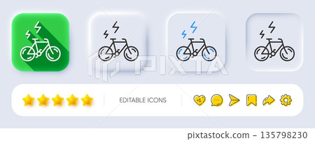 E-bike line icon. Neumorphic, Flat shadow, 3d buttons. Motorized bicycle transport sign. Electric bike symbol. Line e-bike icon. Social media icons. Vector E-bike line icon. Neumorphic, Flat shadow, 3d buttons. Motorized bicycle transport sign. Electric bike symbol. Line e-bike icon. Social media icons. Vector 135798230