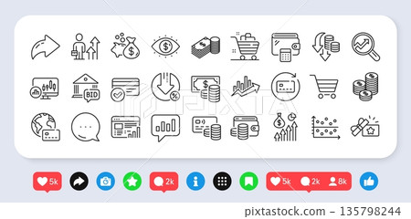 Business vision, Savings and Renew card line icons pack. Social media: share, comment, like icons. Salary, Deflation, Business results web icon. Vector Business vision, Savings and Renew card line icons pack. Social media: share, comment, like icons. Salary, Deflation, Business results web icon. Vector 135798244