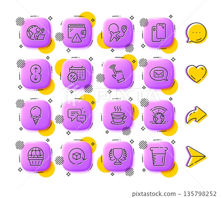 Smartphone, Coffee cup and Scroll down line icons. App 3d buttons. Social media comment, share, like icons. Pack of Outsource work, Online shopping, Return package icon. Vector Smartphone, Coffee cup and Scroll down line icons. App 3d buttons. Social media comment, share, like icons. Pack of Outsource work, Online shopping, Return package icon. Vector 135798252