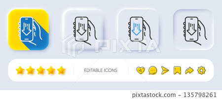 Download app line icon. Neumorphic, Flat shadow, 3d buttons. Hand hold phone sign. Cellphone with screen notification symbol. Line download app icon. Social media icons. Vector Download app line icon. Neumorphic, Flat shadow, 3d buttons. Hand hold phone sign. Cellphone with screen notification symbol. Line download app icon. Social media icons. Vector 135798261