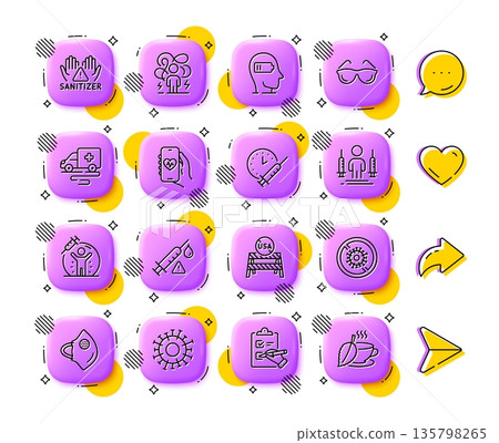 Weariness, Vaccine protection and Vaccination schedule line icons. App 3d buttons. Social media comment, share, like icons. Pack of Coronavirus, Medical mask, Vaccine attention icon. Vector Weariness, Vaccine protection and Vaccination schedule line icons. App 3d buttons. Social media comment, share, like icons. Pack of Coronavirus, Medical mask, Vaccine attention icon. Vector 135798265