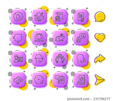 Cough, Cloud share and Certificate line icons. App 3d buttons. Social media comment, share, like icons. Pack of No waterproof, Qr code, Riboflavin vitamin icon. Vector 135798277