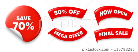 Discount sticker, Sale offer ribbons. Now open, Mega discount. Save 70 percent off tag. Sale Discount offer price sign. Special offer symbol. Red sticker tag. Flag ribbon banners. Vector 135798285