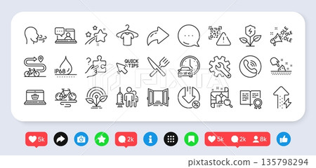 Skin moisture, Bike and Ole chant line icons pack. Social media: share, comment, like icons. Falling star, Loan percent, T-shirt web icon. Friends chat, Certificate, Open door pictogram. Vector 135798294