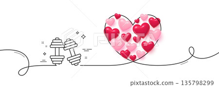 Dumbbells line icon. Continuous line big heart. Workout equipment sign. Gym fit symbol. 3d hearts in heart shaped loop. Dumbbells single line ribbon. Loop curve pattern. Vector Dumbbells line icon. Continuous line big heart. Workout equipment sign. Gym fit symbol. 3d hearts in heart shaped loop. Dumbbells single line ribbon. Loop curve pattern. Vector 135798299