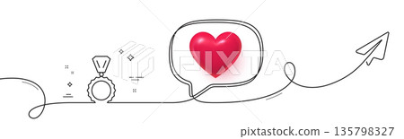 Award Medal line icon. Continuous line with share plane. Winner achievement symbol. Glory or Honor sign. 3d heart in speech bubble. Medal single line ribbon. Loop curve pattern. Vector 135798327
