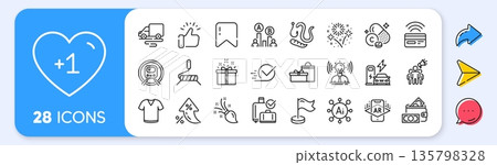 Delivery route, Milestone and Fireworks line icons. Interest rate, AI generate, Inflation icons. Pack of Vitamin c, Augmented reality, Worms icon. Special offer, Gifts, T-shirt pictogram. Vector 135798328