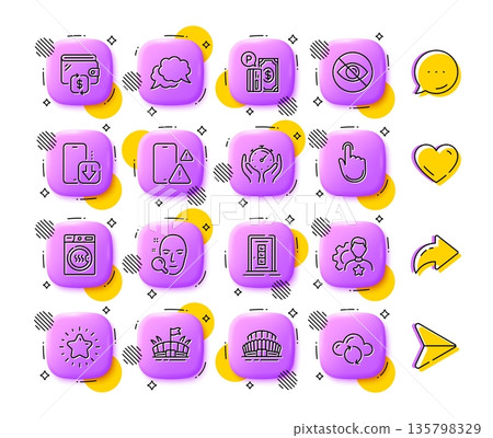 Not looking, Face search and Arena line icons. App 3d buttons. Social media comment, share, like icons. Pack of Hand click, Phone warning, Brand icon. Timer, Wallet, Star pictogram. Vector 135798329