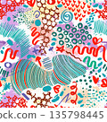 Abstract seamless pattern with chaotic painted elements. Cheerful background with different shapes and lines. Hand drawn. Not AI, vector illustration. 135798445