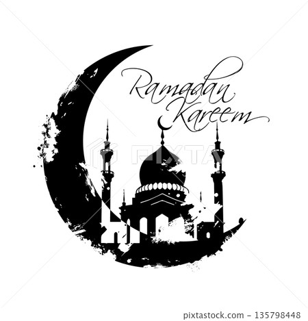 Ramadan monochrome symbol. moon and mosque. Hand drawn. Not AI, vector illustration. Ramadan monochrome symbol. moon and mosque. Hand drawn. Not AI, vector illustration. 135798448