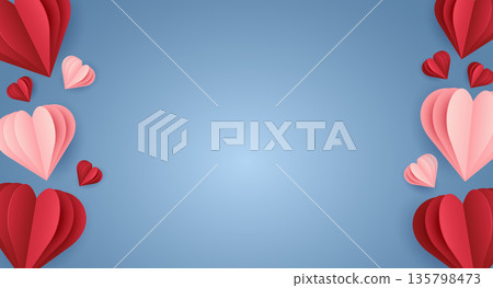 Red and pink paper hearts on a blue background for a Valentine's Day invitation. Paper card design. Vector illustration. Copy space 135798473