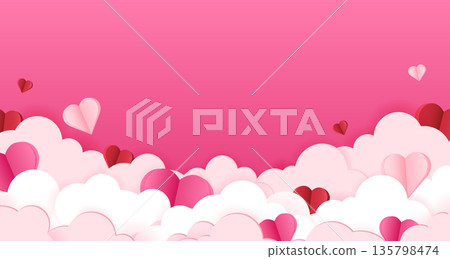 Happy Valentine's day. Paper cut out hearts flying in the clouds on a pink background with copy space. 135798474
