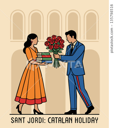 Sant Jordi Catalan holiday, man gives roses to woman, and woman gives books to man. Vector illustration 135798516