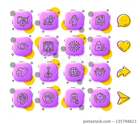 Do not touch, Dont touch and Lock line icons. App 3d buttons. Social media comment, share, like icons. Pack of Podcast, Health eye, Clipboard icon. Vector Do not touch, Dont touch and Lock line icons. App 3d buttons. Social media comment, share, like icons. Pack of Podcast, Health eye, Clipboard icon. Vector 135798621