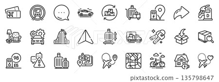 Airplane, Baggage cart and Warning line icons pack. Share, Message, Paper plane icons. Bike rental, Gps, Roller coaster web icon. Baggage size, Diesel station, Delivery change pictogram. Vector Airplane, Baggage cart and Warning line icons pack. Share, Message, Paper plane icons. Bike rental, Gps, Roller coaster web icon. Baggage size, Diesel station, Delivery change pictogram. Vector 135798647