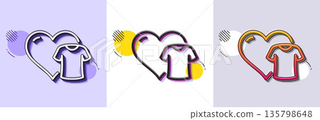 Clothing donation line icon. Halftone dotted pattern. Gradient icon with grain shadow. Charity shirt sign. Heart symbol. Line clothing icon. Various designs. Vector 135798648