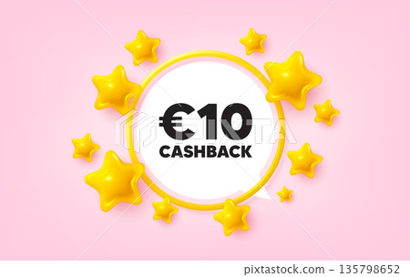 Cashback frame banner. Speech bubble offer. 10 Eur cashback. Money back offer sign. Cash back promo symbol. 3d stars glitter tag. Golden frame banner. Vector Cashback frame banner. Speech bubble offer. 10 Eur cashback. Money back offer sign. Cash back promo symbol. 3d stars glitter tag. Golden frame banner. Vector 135798652