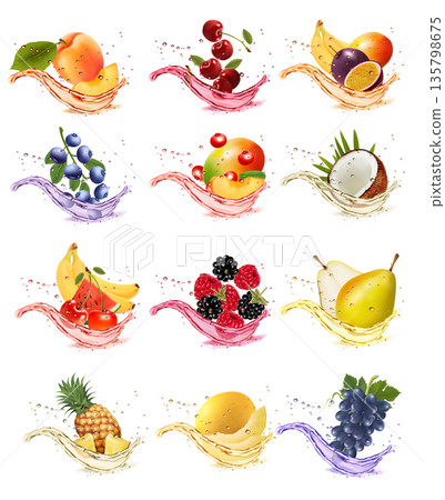 Set of fruits and vegetables in juice splashes. Apricot, watermelon, cherry, raspberry, blackberry, coconut, pear, sweet melon, pineapple, strawberry in juice splash and drops. Vector illustration. 135798675