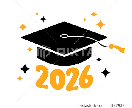 Graduation 2026 simple greeting card, poster. Vector flat illustration. Black academic cap and golden yellow 2026 number on white background. Mortarboard graduate symbol 135798733