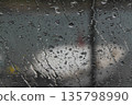 Rain drops on the glass in the spring afternoon. Close up of a window with rain drops falling down.The rain drops on household windows. Focus on rain drops. concept of sadness, frustration 135798990