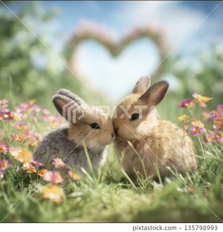 Wall Art Two Fluffy Bunnies Nuzzling in Colorful Wildflower Meadow Springtime Romance 135798993