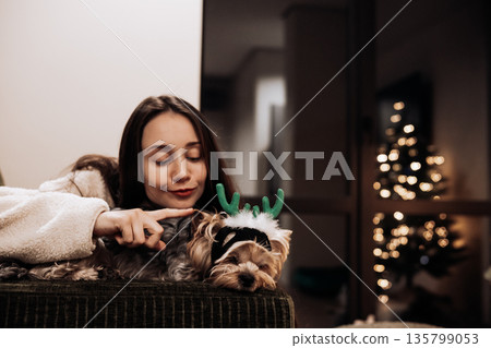 Playful Christmas lifestyle scene at home - a young woman gently adjusting reindeer antlers on small yorkie dog, cozy interior with festive lights, pet-friendly holiday trend and warm winter mood. 135799053