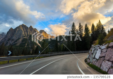 A scenic road in the Italian Alps. Hiking trails in the Dolomite Alps. High quality photo 135799128