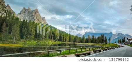 A scenic road in the Italian Alps. Hiking trails in the Dolomite Alps. High quality photo 135799132