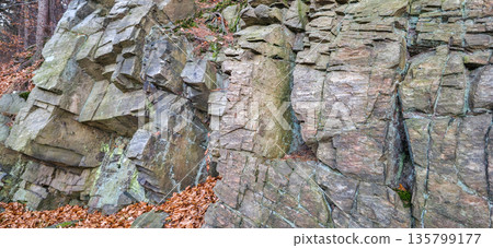 Rock formation of the Sudetes mountains in Poland, close-up. Mountain landscapes in autumn with foliage. High quality photo Rock formation of the Sudetes mountains in Poland, close-up. Mountain landscapes in autumn with foliage. High quality photo 135799177
