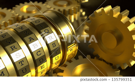 Golden Mechanical Encryption Lock with Rotating Gears System 3d render. 135799351