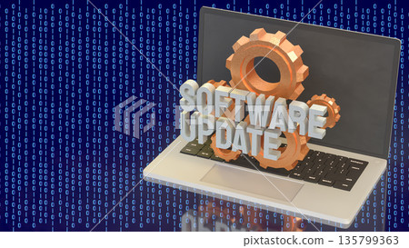 Laptop Software Update Technology Concept With Gears And Binary Code 3d render. 135799363