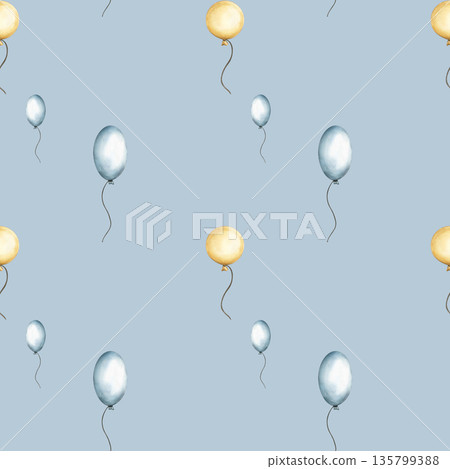 Seamless pattern with balloons in blue and beige colors. Watercolor hand drawn illustration of floating balloons for party decor, kids wallpaper and wrapping paper. Ornament for kids goods Seamless pattern with balloons in blue and beige colors. Watercolor hand drawn illustration of floating balloons for party decor, kids wallpaper and wrapping paper. Ornament for kids goods 135799388