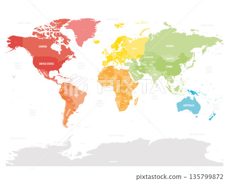 A detailed political map displays countries of the world colored in different shades, highlighting capital cities. Useful for education and reference purposes in global studies. 135799872