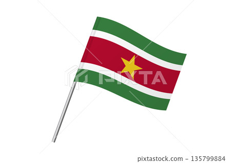 Suriname flag - wavy stick flag of country, cultural identity and heritage. Represents national pride and unity. Vector flag isolated on white background. 135799884