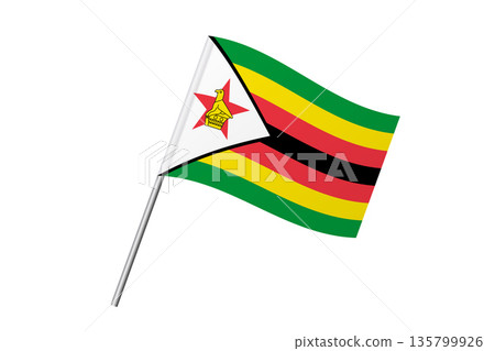 Zimbabwe flag - wavy stick flag of country, cultural identity and heritage. Represents national pride and unity. Vector flag isolated on white background. 135799926