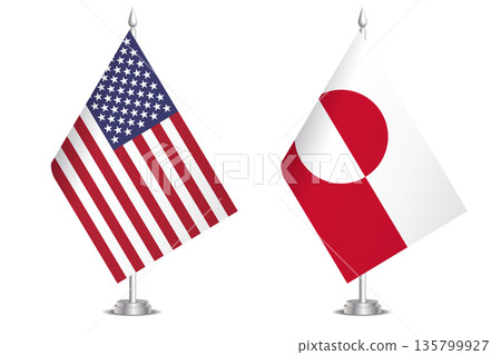 Flags of United States and Greenland stand together. This shows the idea of partnership and teamwork between two regions in a visual format for cooperation and communication. 135799927
