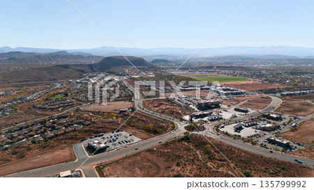 Aerial of suburban neighborhood and highway near Mesquite Nevada Aerial of suburban neighborhood and highway near Mesquite Nevada 135799992