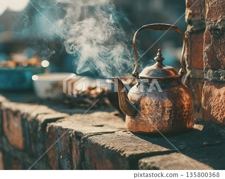 antique metal copper teapot stands on the table and boils, hot steam, tea party 135800368