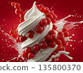 red currant ice cream explosion in waffle cone, milk dessert tarnodo, icecream melting and spilling, copy space. Minimalistic, creative, summer design for advertising. A ball of melted ice cream. 135800370