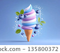 Blueberry ice cream explosion in waffle cone, milk dessert tarnodo, icecream melting and spilling, copy space. Minimalistic, creative, summer design for advertising. A ball of melted ice cream. 135800372