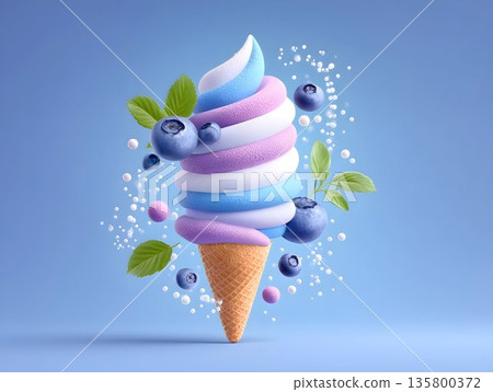 Blueberry ice cream explosion in waffle cone, milk dessert tarnodo, icecream melting and spilling, copy space. Minimalistic, creative, summer design for advertising. A ball of melted ice cream. 135800372