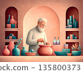 Skilled ceramicist craftsman carefully painting decorative bowl, surrounded by handmade pottery in shades of blue and workspace tools, demonstrating meticulous craft of traditional ceramics 135800373