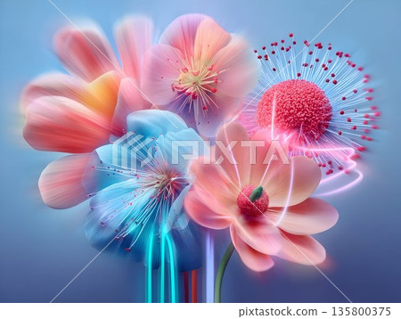 Mixed colorful flowers backdrop, Field meadow and garden flowers with glitter and sparkle, beautiful background for a postcard, wallpaper, textile, screensaver for a phone computer 135800375