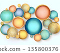 Abstract composition, orbs and vivid multi-colored circular shapes blending elegantly, creating luxurious geometric pattern with metallic sheen and sophisticated visual rhythm 135800376