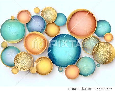 Abstract composition, orbs and vivid multi-colored circular shapes blending elegantly, creating luxurious geometric pattern with metallic sheen and sophisticated visual rhythm 135800376