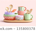Colorful ceramic bowls, wooden utensils arranged on rustic wooden tray, presenting homey kitchen style with warm, inviting dining aesthetic 135800378