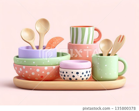 Colorful ceramic bowls, wooden utensils arranged on rustic wooden tray, presenting homey kitchen style with warm, inviting dining aesthetic 135800378