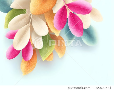 Soft pink, yellow, green petals layering across textured sky-toned canvas, providing generous negative copy space for graphic design and creative composition 135800381